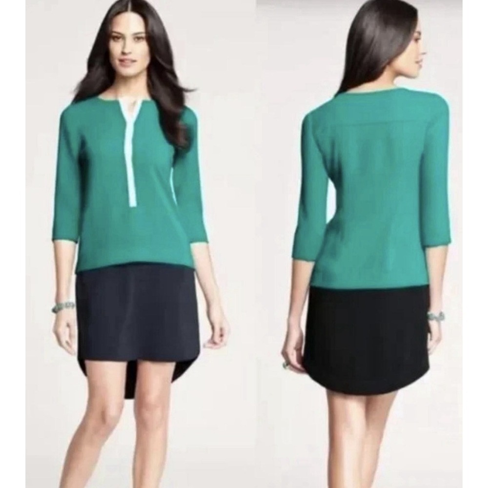 Ann Taylor Women's 3/4 Sleeve Color Block Shift Dress Green Blue White Size 4‎